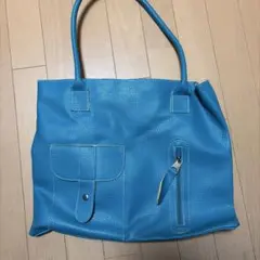 青色 トートバッグ ポケット付き