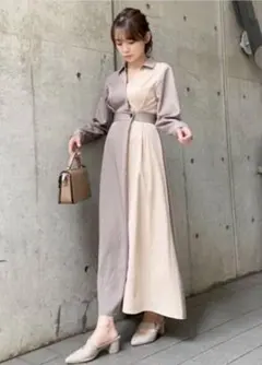 dazzlin バイカラーシャツフレアワンピース（ベージュ）