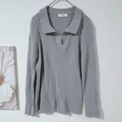 LAURENHI　ポロ襟　長袖ニット　リブ編み　トップス　シンプル　グレー　S