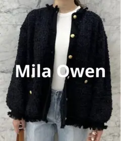 【美品】ミラオーウェン　ネイビーツイード　ノーカラージャケット１　入学式入園式に