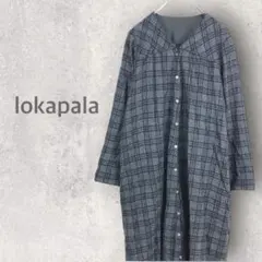 【ロカパラ】シャツワンピース M ロング丈 チェック ノーカラー 総柄 日本製