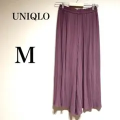 【ユニクロ】くすみパープル　プリーツスカート風ワイドパンツ　ウエストゴム　M
