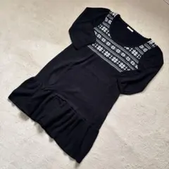 【値下げ！】LEST ROSE 黒 ニットワンピース 七分袖 フリル裾