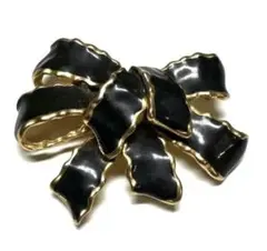 リボンモチーフ ブローチ ブラック×ゴールド ヴィンテージ調 レディースアクセ