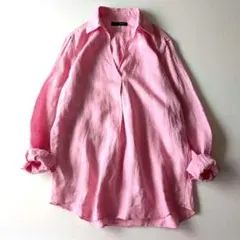 美品　ユナイテッドアローズ　リネン長袖シャツ　スキッパー襟　40　ピンク　麻