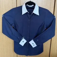 【美品】東京シャツ 長袖紺ドット柄ブラウス シャツプラザ Sサイズ