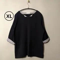 THEORIA 配色切替Vネックトップス LL 黒×グレー 体型カバー　五部袖