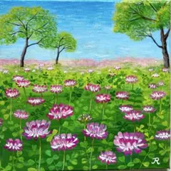 ご依頼品　風景画　花の絵　アクリル画　原画 「れんげ畑2」F8 0_b6caabf39aa69a1734d80c7a4de4