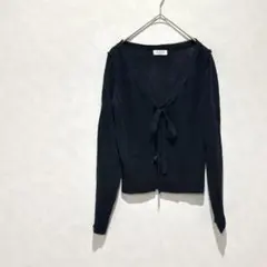 ELLE エル　カーディガン　 Vネック　長袖　リボン　レーヨン　麻　フェミニン