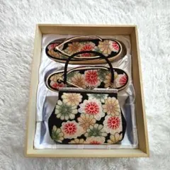 【希少】和装用 総ビーズバッグ＆草履セット 昭和レトロ 花柄 刺繍 がま口 黒のサムネイル
