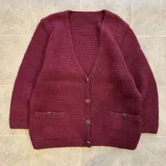 ハンドメイド ニットカーディガン ボルドー系 赤 シンプル レトロ
