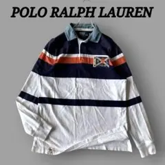人気 90s ポロ ラルフローレン ラガーシャツ ボーダー ワッペン デニム襟