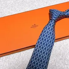 HERMES ネクタイ　エルメス　ブルー系シルク　ファソネ