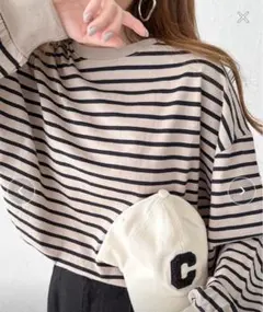 コットン天竺ボリューム長袖ボーダーTシャツ　ベージュ×ブラックM / andme