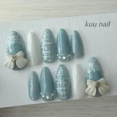 ネイルチップ フレンチガーリー ワンホン 水色 ツイード リボン