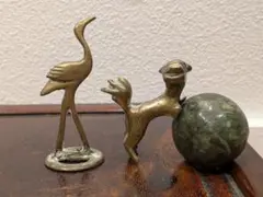 真鍮製　鳥(芯押し)　狛犬　天然石玉　アンティーク　鶴　犬