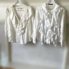 ZARA フリル付きホワイトシャツ XS 2枚セット‼️