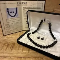 鑑別書付 天然ジェット ネックレス イヤリング セット K14WG 漆黒 