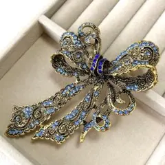 リボンブローチ ビジュー 大きめ アンティーク風 ブルー 青 水色 レトロ