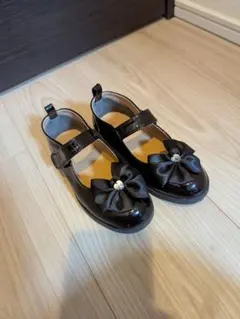 【美品】リボン付きブラックフォーマルシューズ 17センチ