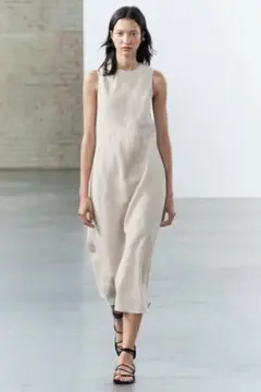 ベージュ リネン ノースリーブ ロングワンピース　ZARA
