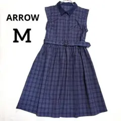 ARROW 襟付き チェック柄ワンピース フレンチスリーブ ベルト付 Mのサムネイル