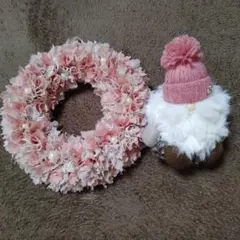 クリスマスリース、サンタ！ピンクお花リースとトムテ風サンタセットハンドメイド