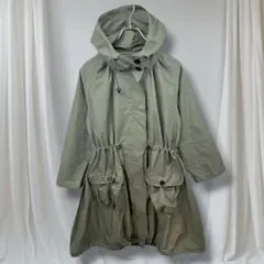 レインコート カーキ フード ドローコード M 春 軽量 モッズ風 ミドル丈