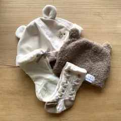 ベビー帽子とソックスセット 新生児 ベージュ系 淡色 秋冬