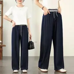 デニム ジーパン 夏物新作 ハイウエスト ゆったり 着痩せ 薄手 ワイドパンツ
