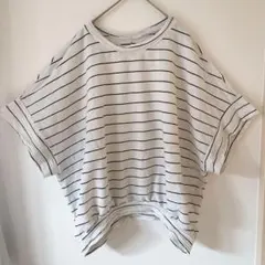 一点物✨️ボーダーTシャツ 半袖 ホワイト白黒ラウンドヘムオーバーサイズ