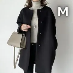 コート アウター 黒 ブラック レディース ノーカラーコート 上品 Mきれいめ