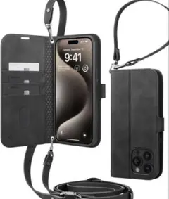 iPhone 15 Pro ケース 手帳型 ストラップ付き ブラック