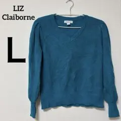 Vネック セーター【Ｌ】ターコイズ Vネック りぶ編み 青色 おしゃれ服