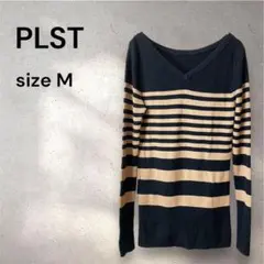 美品❤️PLST❤️プラステ Vネック春ニット M 黒×ベージュ ボーダー 毛100