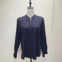 良品 ユニクロ S スタンドカラー プルオーバー ストライプ 紺色 長袖シャツ