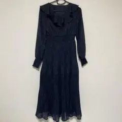 ナチュラルビューティーベーシック ネイビー フリル プリーツ ワンピース　低身長