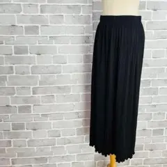 プリーツスカート ロング 黒 ブラック ウエストゴム 細見え B011