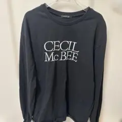 CECIL McBEE ロゴ刺繍 クルーネック 長袖Tシャツ ブラック