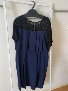 XL プリーツデザインドレスパーティドレスネイビーレース