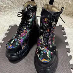 YOSUKE 厚底ブーツ 花柄 ジャガード レースアップ サイドジップ 27cm