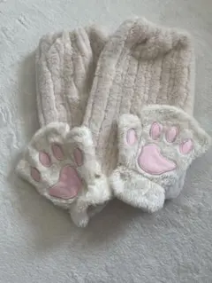 白 ホワイト フワフワモコモコ レッグウォーマー 肉球手袋セット