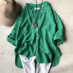 アダムエロペ リネンワイドスリーブシャツ バンドカラー ゆったり 麻混 緑