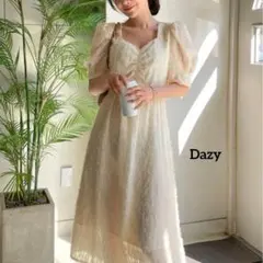 DAZY SHEIN パフスリーブロングワンピース アイボリー スクエアネック