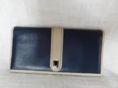 希少 半世紀近い本革 薄型長財布 ネイビー×ベージュ 美品