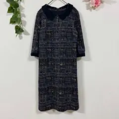 【Kumikyoku】クミキョク ネイビー系 チェック柄 襟付きワンピース S