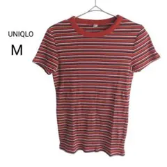 UNIQLO 半袖リブ Tシャツ M レッド マルチボーダー 綿 ストレッチ