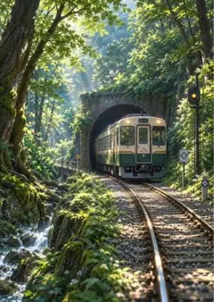 【イラスト】新緑の森とトンネルを抜ける列車 アートポスター