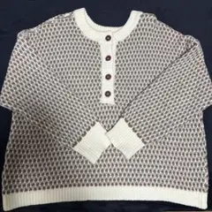 Lサイズ ボタン付きニットセーター ブラウン・ホワイト