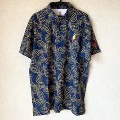 ムータマリン ポロシャツ メッシュ 総柄 ロゴ ネイビー 黄色 ゴルフ
